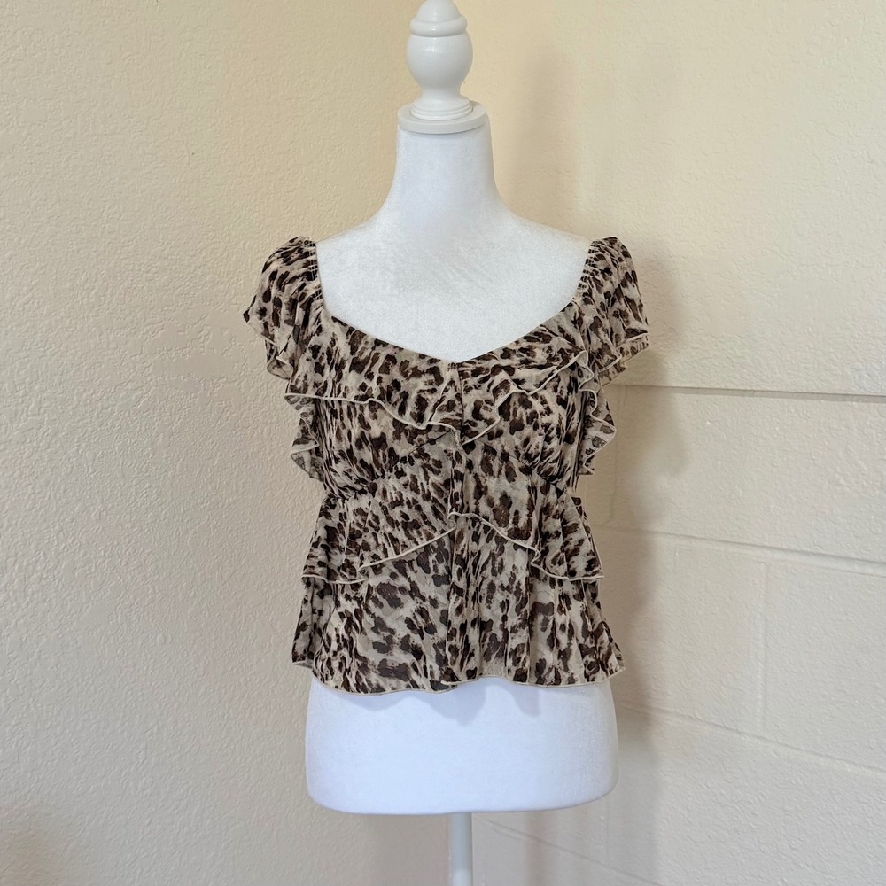 la Peche Leopard Mesh Ruffle Top Womens Small Brown Animal Print Sweetheart Neck